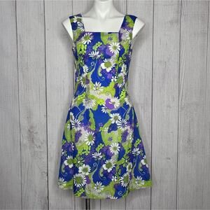 VTG 60s Mod Daisy Floral Sundress Square Neck Sleeveless Psychedelic, sz Small